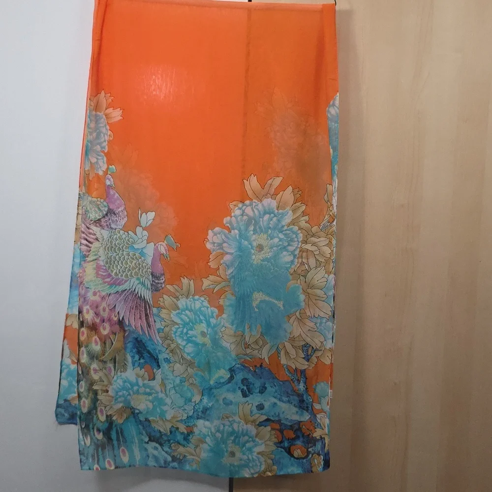 Orange and Blue Floral Scarf, Vibrant, Sheer, 20